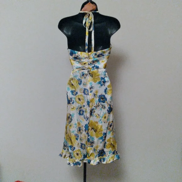 VINTAGE BETSEY JOHNSON Yellow, Blue, White Floral Silk Halter Style Dress, sz 8 - Picture 4 of 11